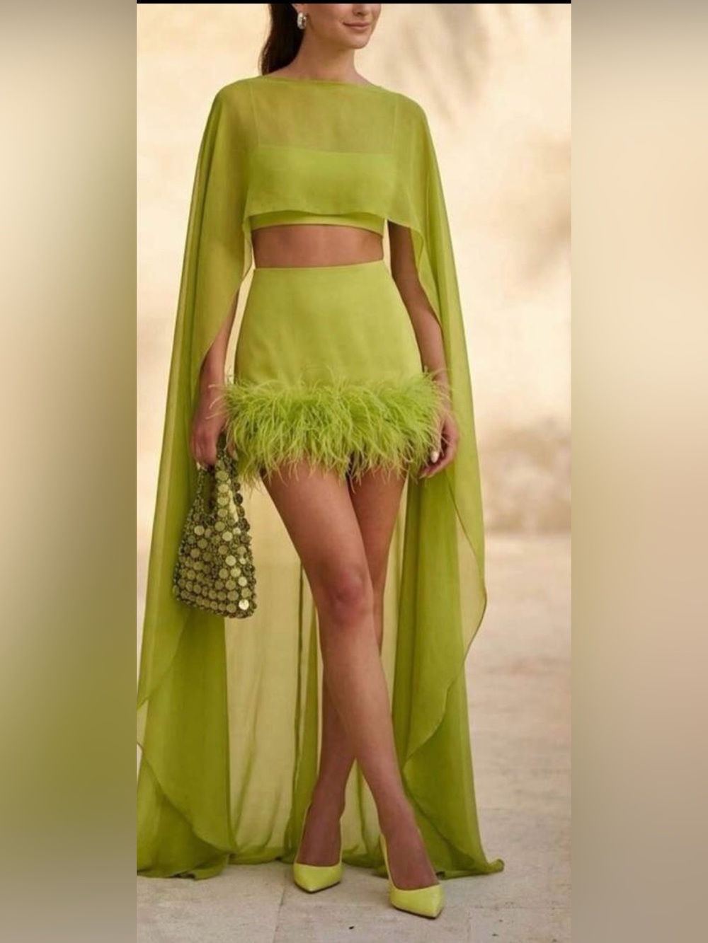 Feather-Trim Mini Skirt & Shirt Set